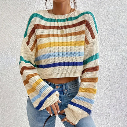 Autumn Winter Women Sweater Pullover round Neck Classic Striped Sweater Loose Casual Top Women-Fancey Boutique