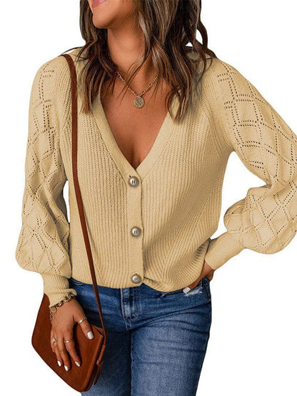 Cozy Diamond Embellished Puff Sleeve Sweater Jacket Women's Loose Fit Cardigan Sweater