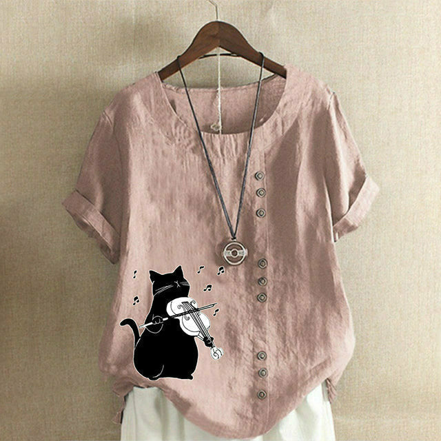 【Cotton And Linen】Cute Cat Print Blouse Dark Blue best Best Sellings clothes Cotton and Linen Plus Size Sale tops Topseller