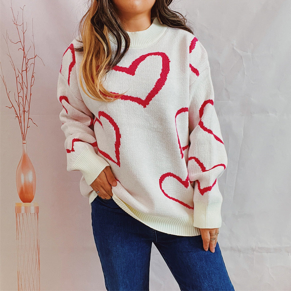 Color-Rose Pink-Valentine Day Love Pattern Sweater round Neck Long Sleeve Autumn Winter Thickening Knitted Pullover for Women-Fancey Boutique