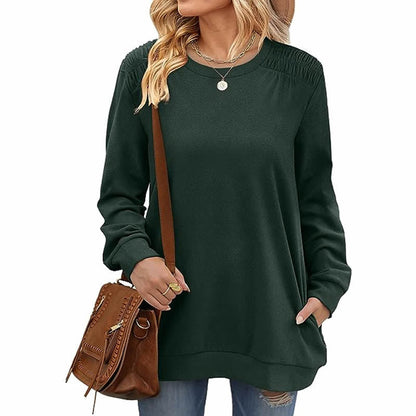 Color-Apricot-Autumn Winter Solid Color round Neck Loose Casual Long Sleeve T shirt Top for Women-Fancey Boutique