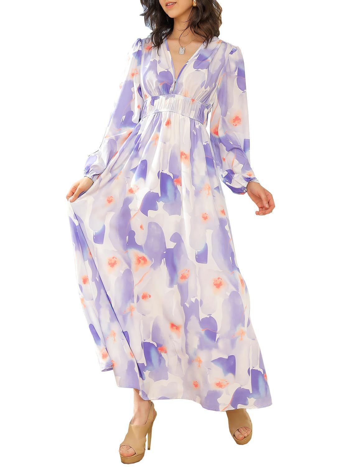 Women’s Printed V-Neck Long Sleeve Summer Maxi Dress