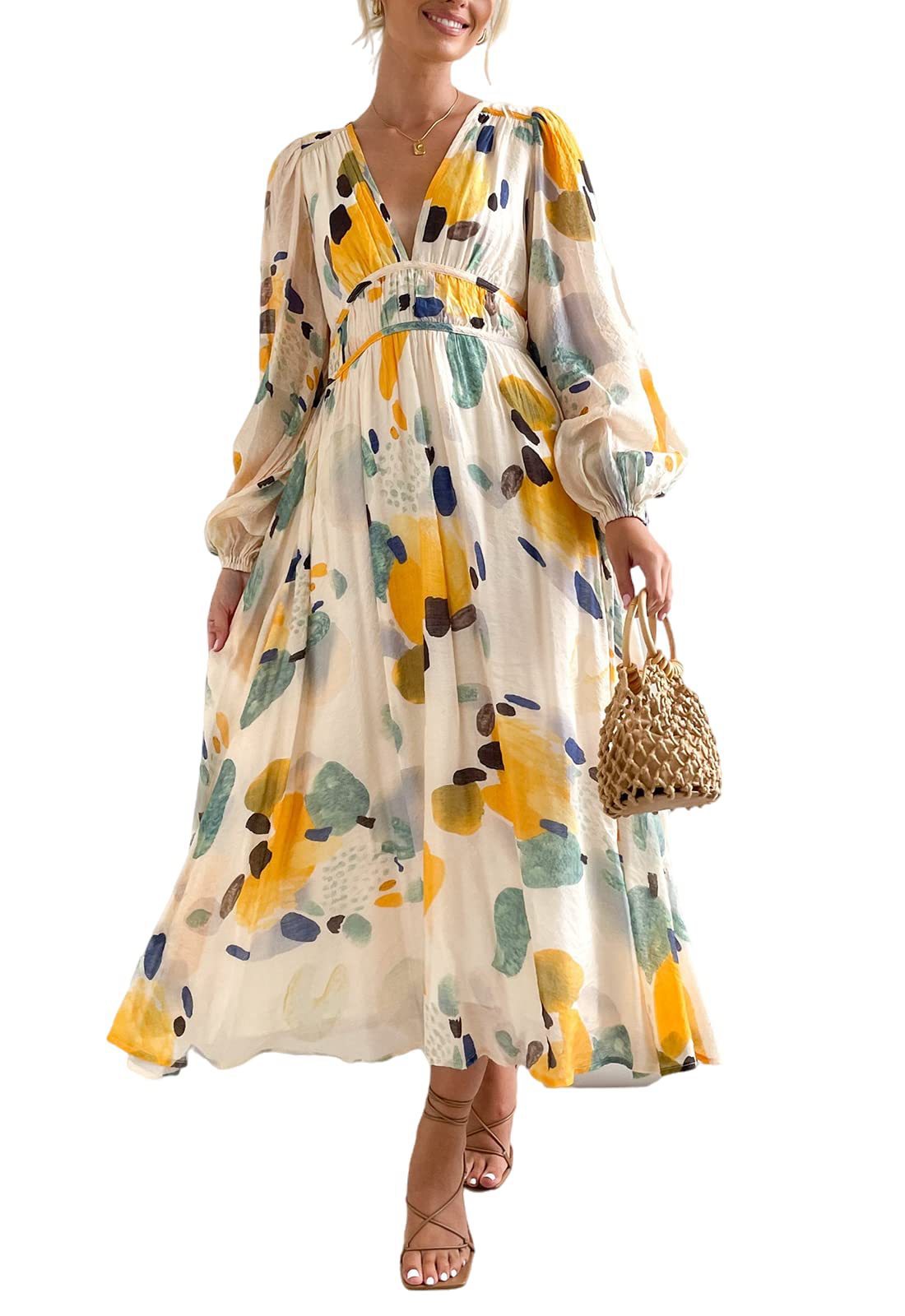 Women’s Printed V-Neck Long Sleeve Summer Maxi Dress