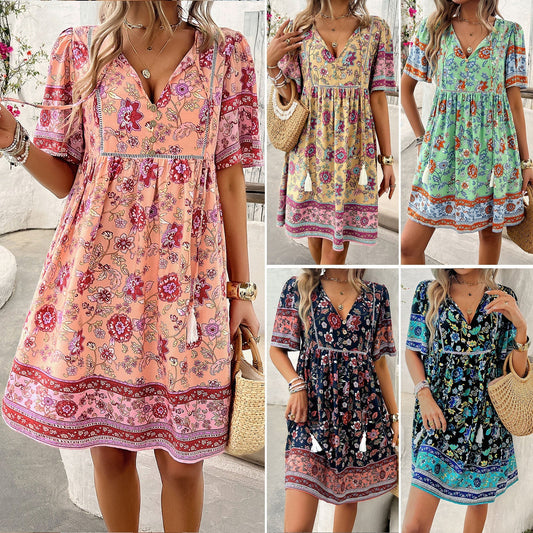 Nadine® | Women's Floral Print Kurzärmeliges Boho Kleid