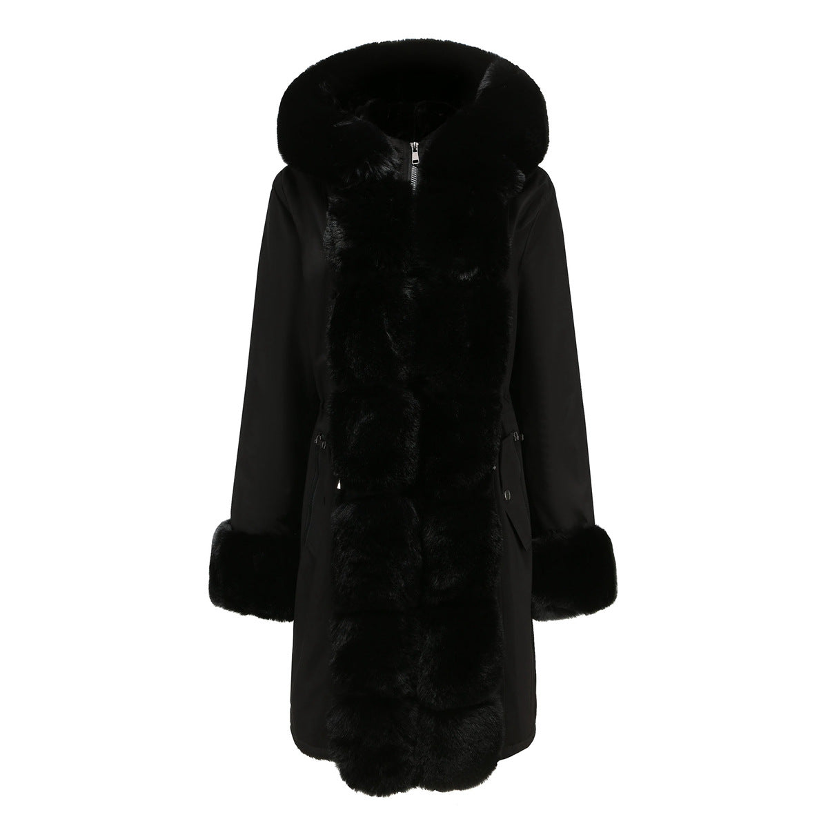 Women's Cozy Hooded Parka with Detachable Fur Collar  L Black 