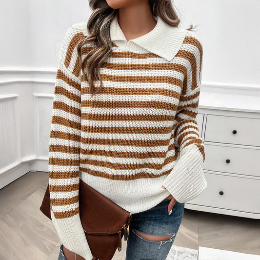 Autumn Winter Women Casual Loose Lapels Striped Long Sleeve Sweater-Fancey Boutique