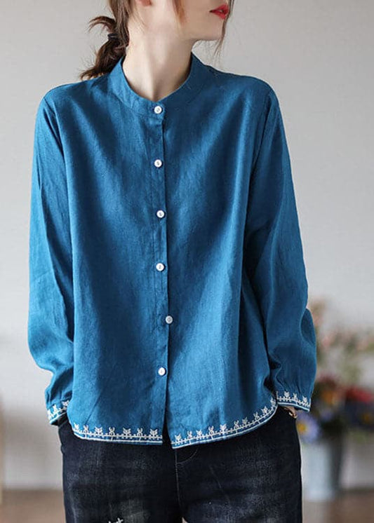 Organic Blue Loose Button Fall Long sleeve Blouses GK-LTP211019