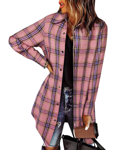 zeagoo womens shacket jacket 2023 fashion long sleeve flannel shirt plaid button down blouse coats top with pockets