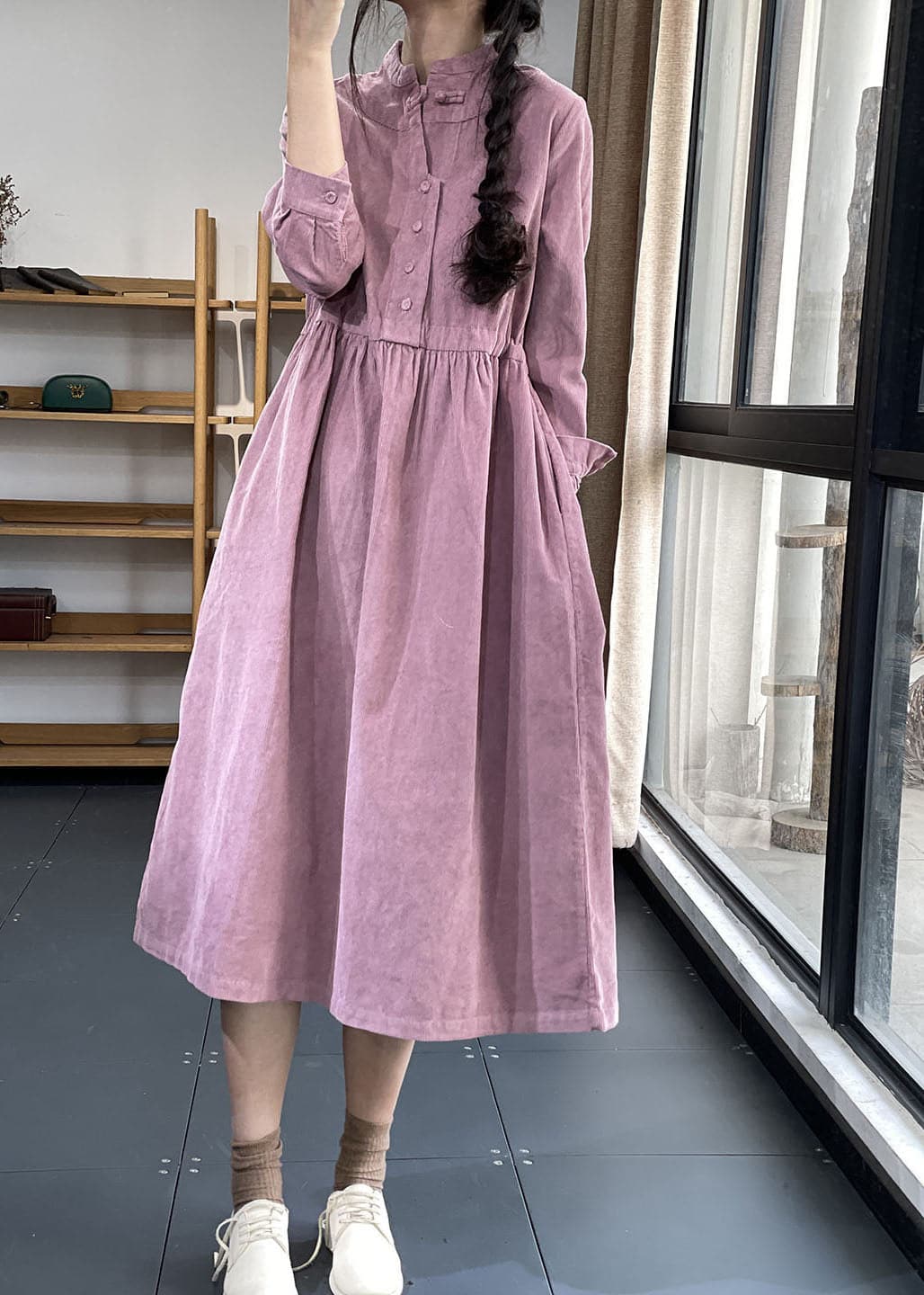 Pink Button Pockets Corduroy Dresses Winter YLHC-FDL211223