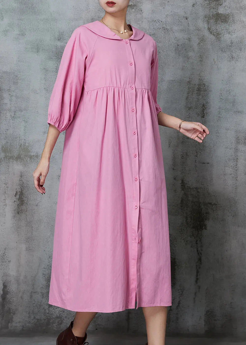 Pink Cotton Long Dresses Oversized Button Down Half Sleeve JK1009 Ada Fashion