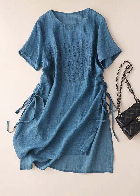 Plus Size Blue O-Neck Embroideried Cotton Dress Short Sleeve GK-STP220328