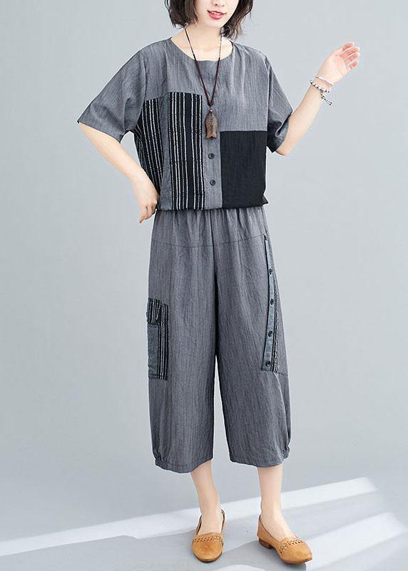 Plus Size Grey Patchwork Print Two Piece Set Women Clothing Summer Linen - SooLinen