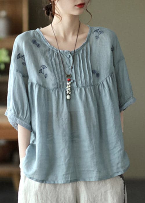 Plus Size Light Blue Grey Button Linen Tops Half Sleeve GK-HTP220328