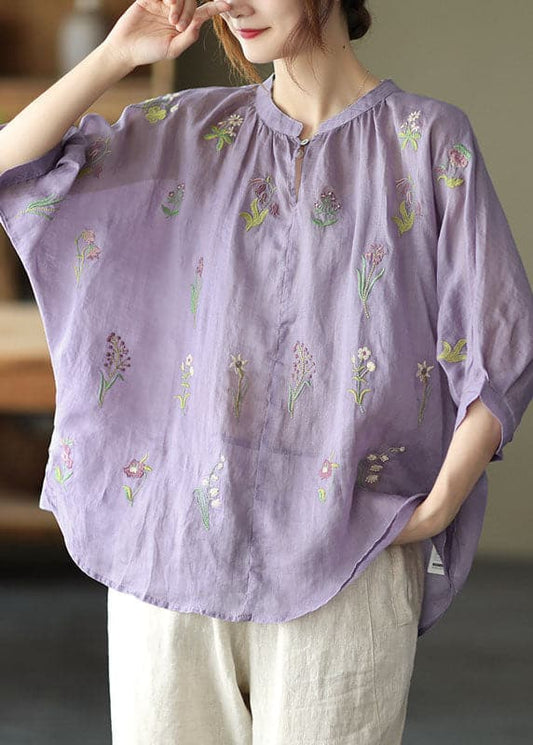 Plus Size Purple Embroideried Loose Fall Three Quarter sleeve Top GK-HTP211019