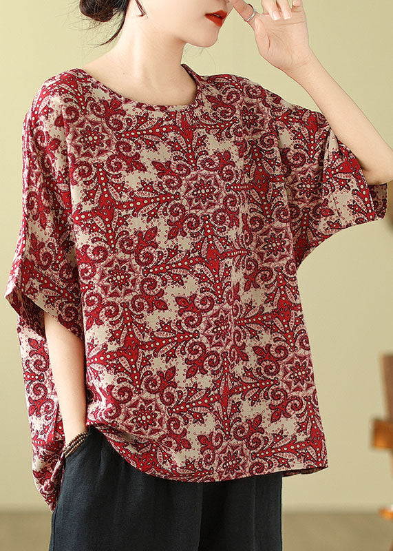 Plus Size Red O Neck Print Cotton Blouse Top Summer AP055 GK-STP240718