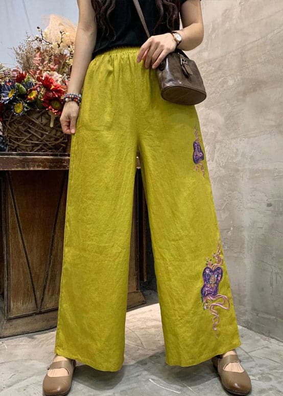 Plus Size Yellow Embroideried Linen Wide Leg Pants Summer GK-LPTS220328