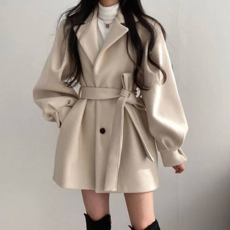 Puff Sleeve Belted Woolen Coat - fairypeony