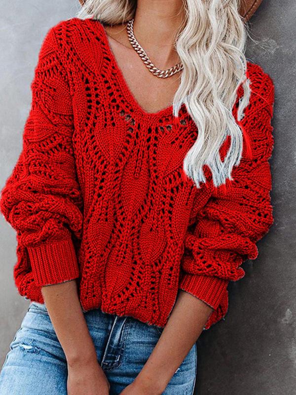 Pure Hollow V-Neck Knit Long Sleeve Sweater Shopvhs.com