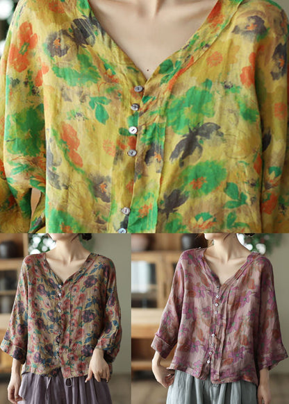 Faith® | Lila Druck Sommer V Hals Knopf Leinen Shirt Tops