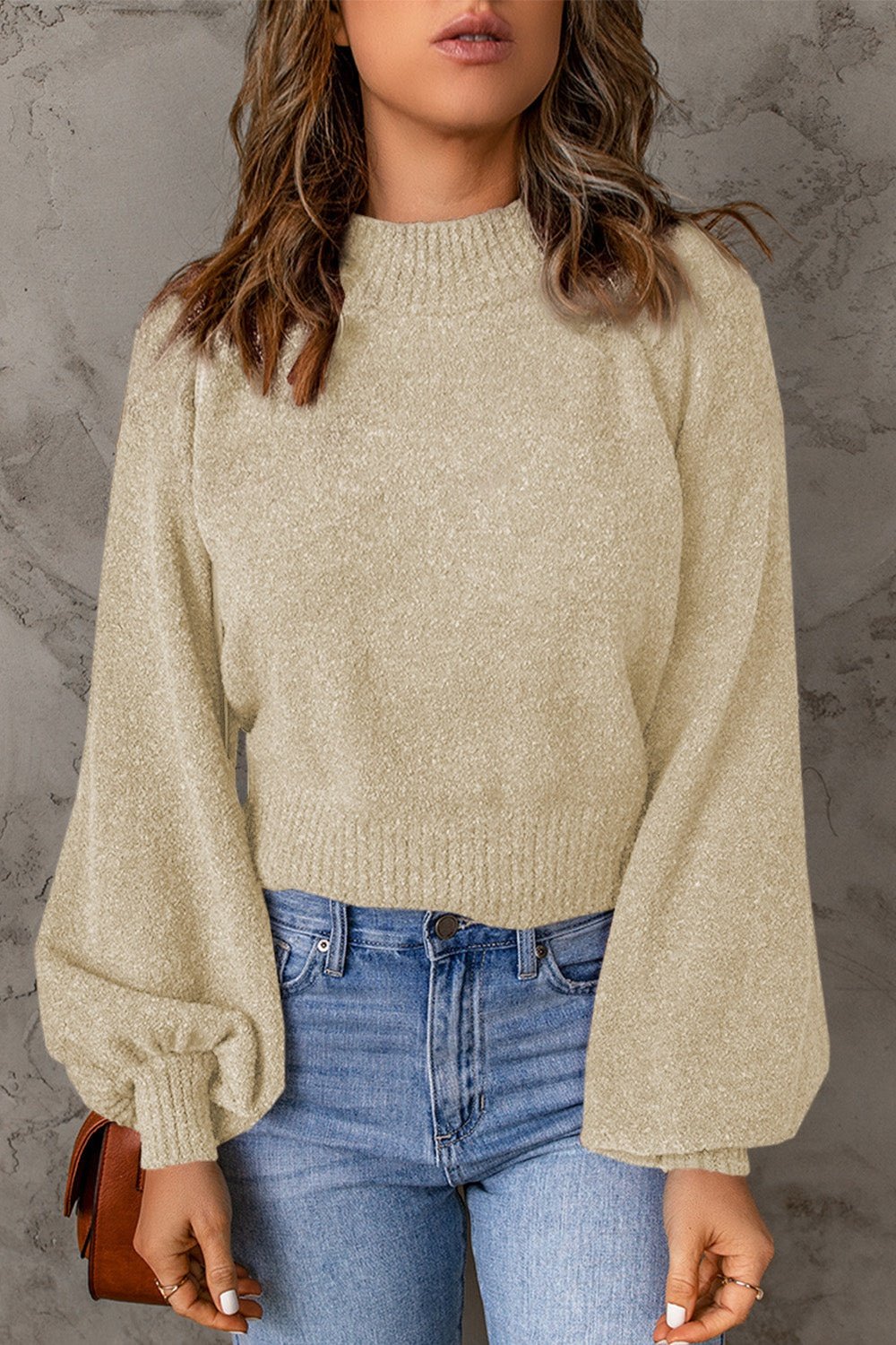 Ribbed Trim Balloon Sleeve Sweater - Pullover Sweaters - FITGGINS