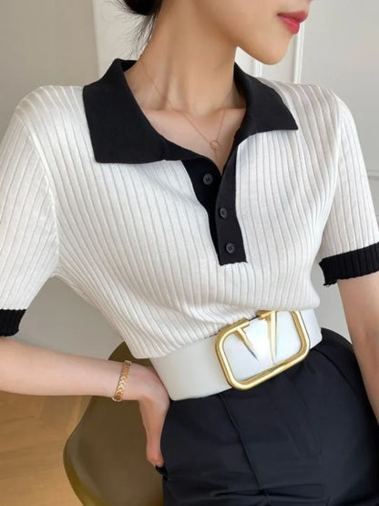 Women's Knitted Fabric POLO Collar Solid T-shirts