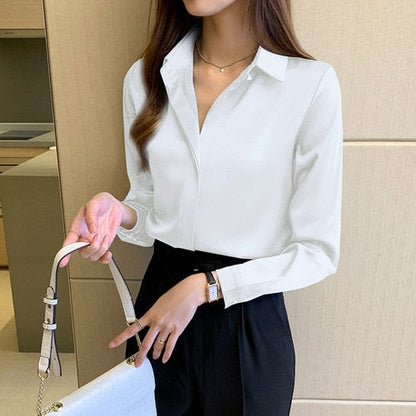 Long Sleeve Satin Solid Color Shirt Blouse - BEYOND