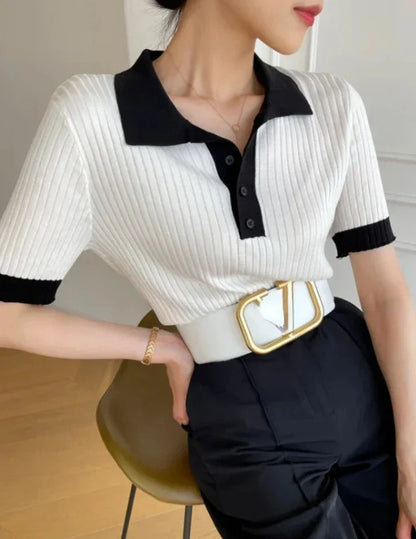 Women's Knitted Fabric POLO Collar Solid T-shirts