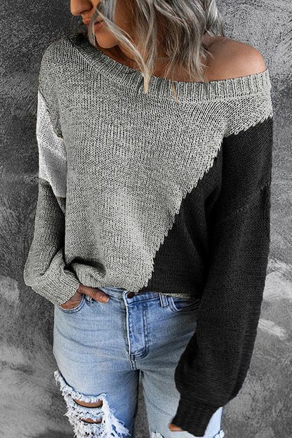 One Shoulder Knitted Round Neck Sweater - girlyrose.com