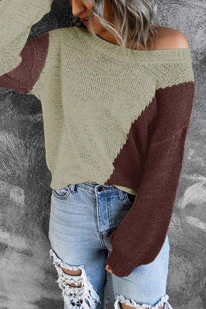 One Shoulder Knitted Round Neck Sweater - girlyrose.com