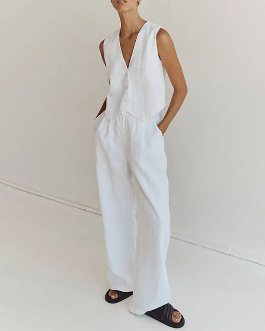 solid color two piece outfits deep v sleeveless tank top high waist wide leg pants suit