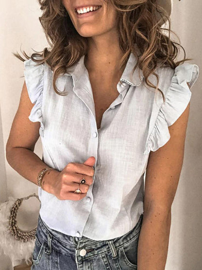 Shirts- Women's Solid Cotton Button-Up Blouse Shirt Shirt with Ruffles- - Pekosa Women Fashion