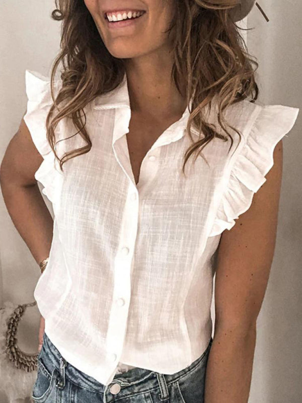 Shirts- Women's Solid Cotton Button-Up Blouse Shirt Shirt with Ruffles- - Pekosa Women Fashion