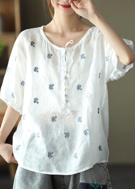 Simple White Embroideried O-Neck Summer Ramie Tops Half Sleeve GK-HTP210708