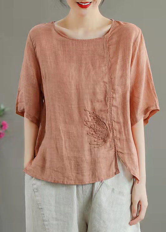 Chloe® | Simple Orange Besticktes Leinen-Top Sommer