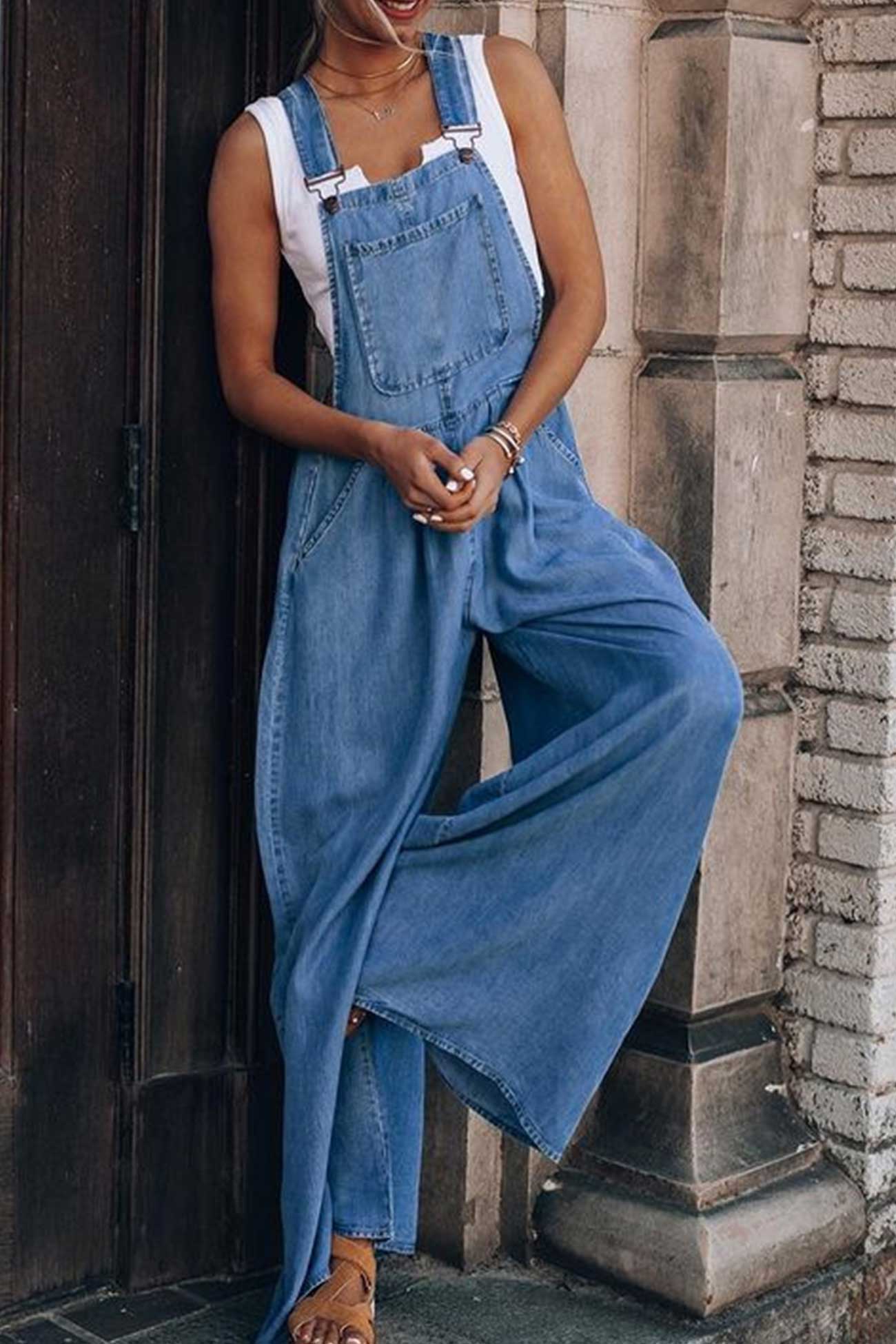 Layla® | Ärmellose Taschen Front Lose Denim Jumpsuits