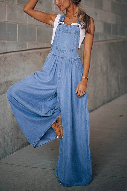 Layla® | Ärmellose Taschen Front Lose Denim Jumpsuits