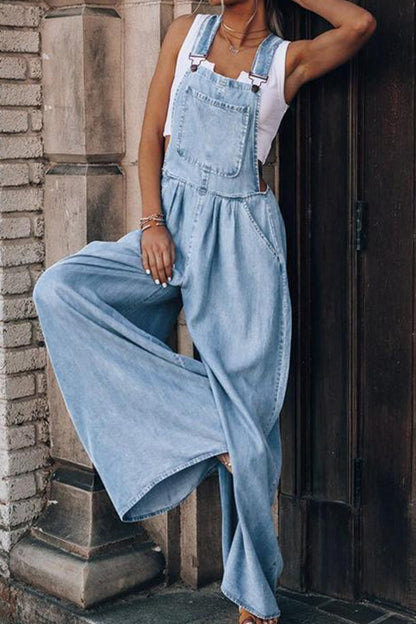 Layla® | Ärmellose Taschen Front Lose Denim Jumpsuits