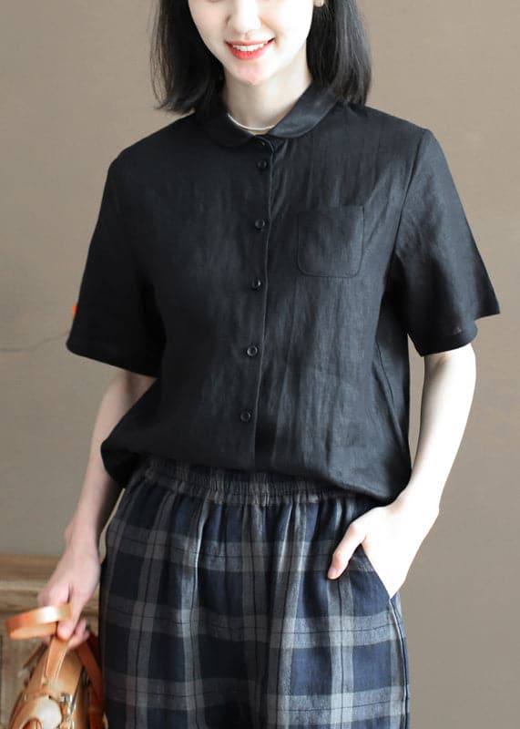 Solid Black Pocket Linen Loose Shirt Tops Peter Pan Collar Half Sleeve GK-STP220623