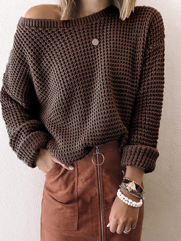 Solid Diagonal Collar Long Sleeve Knitted Sweater Shopvhs.com