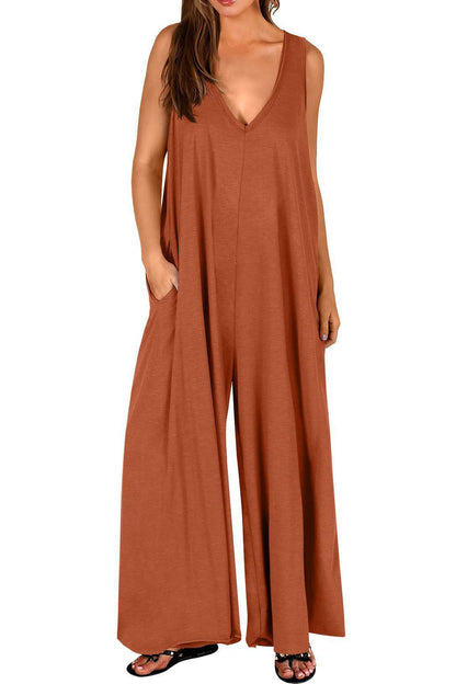 Abigail® | Solide V-Ausschnitt Tasche weites Bein Jumpsuits