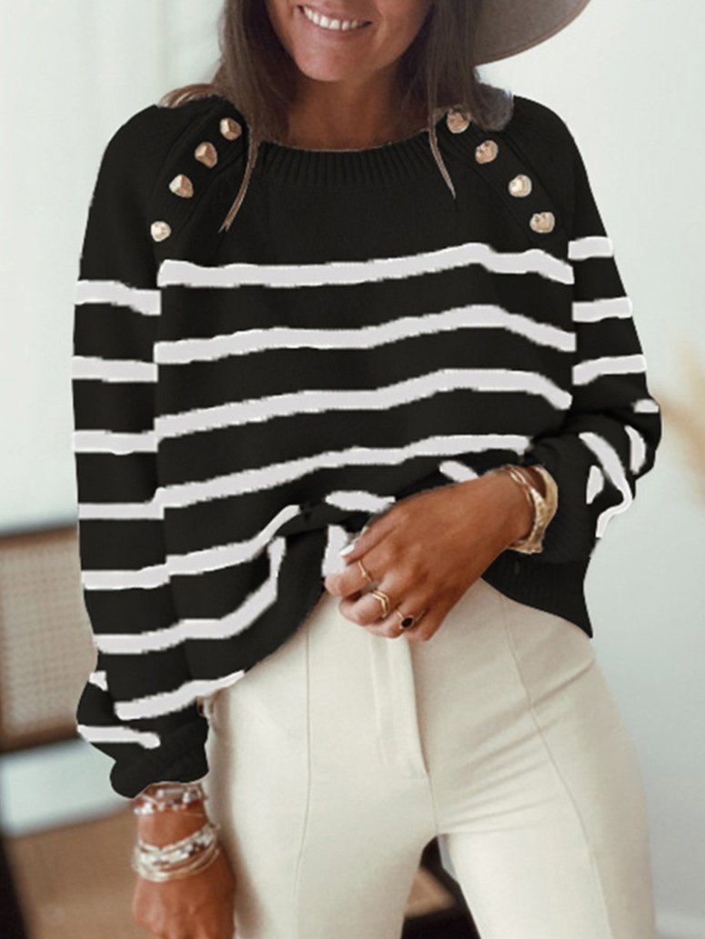 Striped Pullover Shoulder Button Knitted Sweater Shopvhs.com