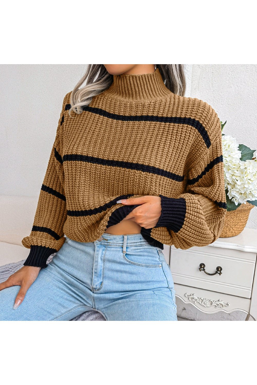 Striped High Neck Rib-Knit Lantern Sleeve Sweater - Pullover Sweaters - FITGGINS