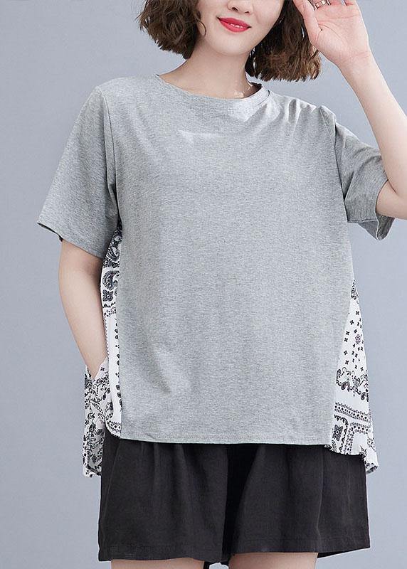 Style Grey Patchwork Print Half Sleeve Cotton Summer Tee - SooLinen