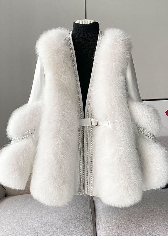 Stylish White V Neck Patchwork Mink Hair Coats Winter DJK211215