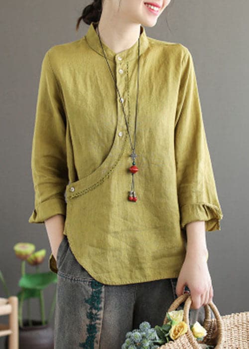 Stylish Yellow Stand Collar Asymmetrical Design Linen Tops Long Sleeve GK-LTP220815