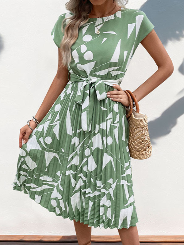 Summer Dresses- Artful Abstract Print Pleated Midi Dress- - Pekosa Women Fashion