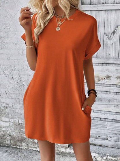 Summer Dresses- Women's Crew Neck Tee Dress in Solid Color- - Pekosa Women Fashion