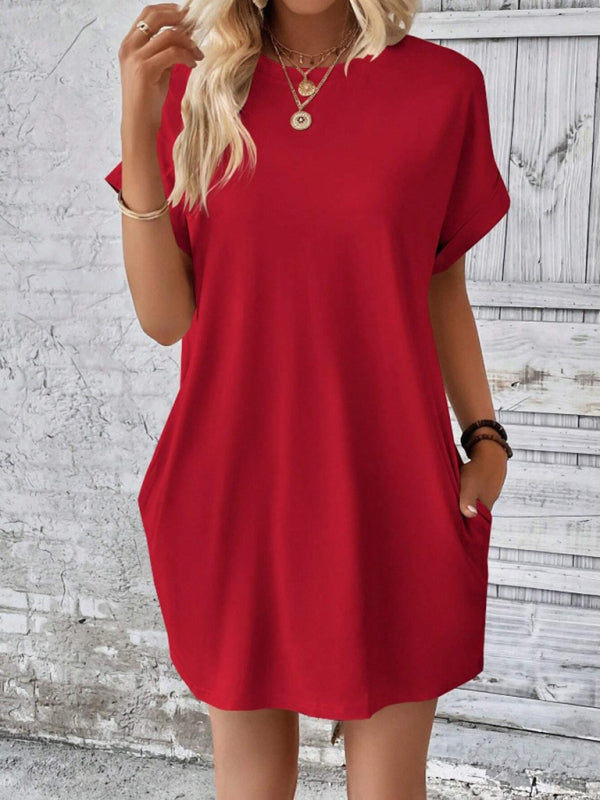 Summer Dresses- Women's Crew Neck Tee Dress in Solid Color- - Pekosa Women Fashion