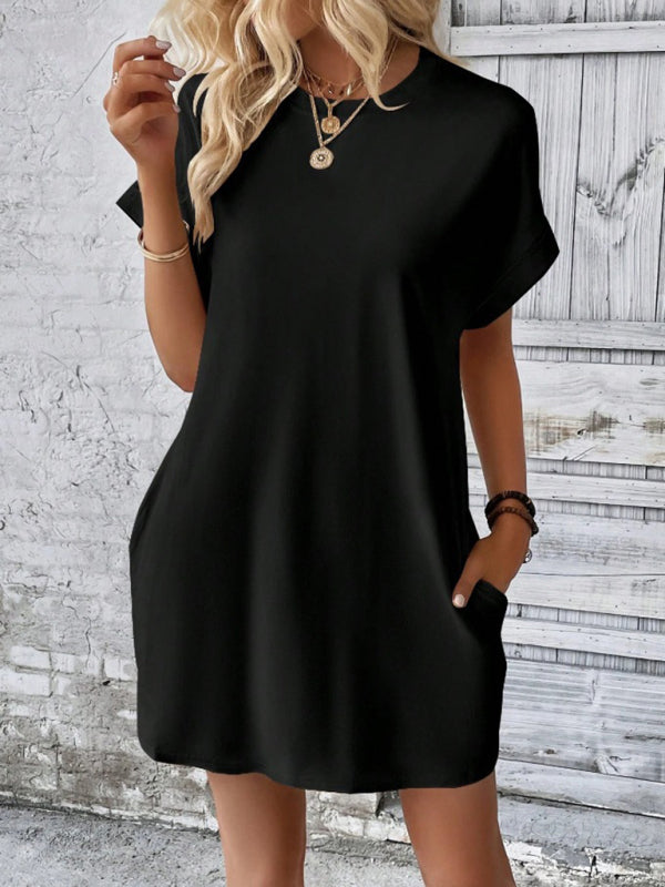 Summer Dresses- Women's Crew Neck Tee Dress in Solid Color- - Pekosa Women Fashion