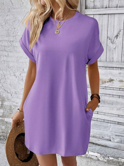 Summer Dresses- Women's Crew Neck Tee Dress in Solid Color- - Pekosa Women Fashion